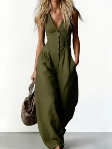 Tuta senza maniche collo a V con bottoni verde oliva elegante moda donna abbigliamento