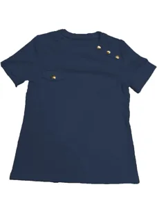 Women solid color crew neck short sleeve casual top with gold buttons detail, dark blue.