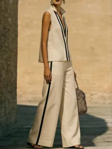 Summer luxury women contrast sleeveless top and wide leg pants set elegant chic