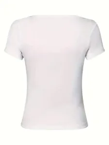 White solid color crew neck short sleeve casual top detail, simple slim fit daily wear.