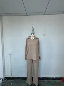 Solid color autumn winter two piece set polo pullover wide leg pants casual outfit