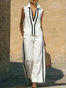 Summer women contrast color sleeveless vest and wide leg pants two piece set chic outfit