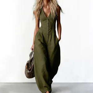 Elegante tuta verde oliva senza maniche con scollo a V e bottoni moda donna chic