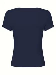 Navy blue ribbed short sleeve crew neck casual top detail view showcasing texture