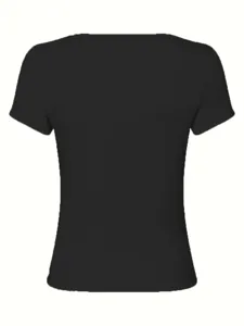 Close-up detail of the black ribbed knit fabric texture and short sleeve hem, minimalist basic.