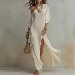 Elegant long sleeve off shoulder knit split maxi dress for women summer fashion style