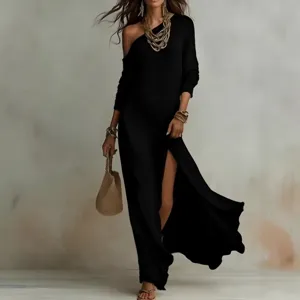 Elegant one-shoulder long sleeve knit side slit maxi dress for women summer fashion style