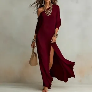 Burgundy one-shoulder long sleeve knitted slit maxi dress for women elegant summer wear.