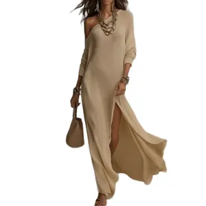 Elegant long sleeve knit pleated split dress for women, comfortable daily casual wear.