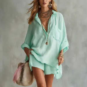 Mint green textured shirt and shorts two-piece set, casual resort beach wear for women.