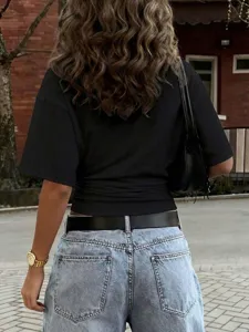 Summer women's short sleeve black ruched waist slim fit t-shirt casual solid color top