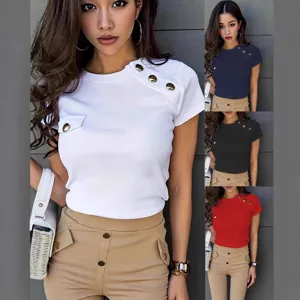 Elegant Spandex Solid Color T-Shirt For Women Round Neck Short Sleeve Top With Decorative Buttons Slim Fit Casual Summer Apparel