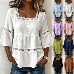 Top de Mujer con Cuello Cuadrado y Patchwork de Encaje Poliéster Casual Blusa de Manga Tres Cuartos Color Sólido Moda de Verano
