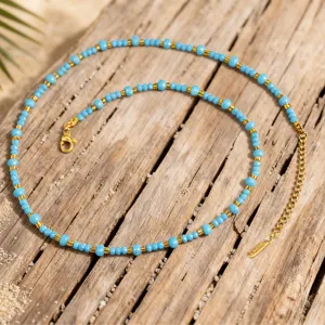 Böhmische blaue Perlenkette aus Edelstahl für Damen, ideal für den Sommer Strand Urlaub Stil.