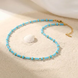 Böhmische blaue Perlen Edelstahl Halskette für Damen Urlaub Schmuck Strand Accessoire.