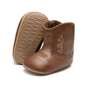 Bottines de cow-boy bébé en cuir PU, chaussures marron avec broderie et semelle antidérapante.