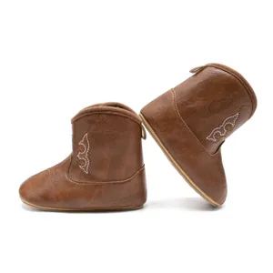 Bottes de cowboy en cuir PU pour bébé marron avec détails de broderie blanche décoratifs