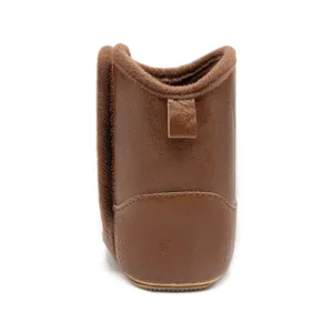Bottes de bébé en cuir PU marron avec doublure en peluche douce et fermeture velcro pratique.
