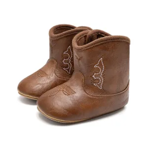 Bottes de Cowboy Western pour Nourrisson Chaussures Bebe Cuir Synthetique Brodees Marron
