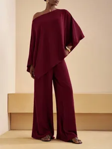 Women Casual One Shoulder Irregular Hem Loose Top High Waist Wide Leg Long Pants Top And Bottom Polyester Suit