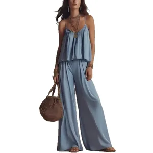 Bohemian camisole top and high waist wide leg pants casual two piece set for women.