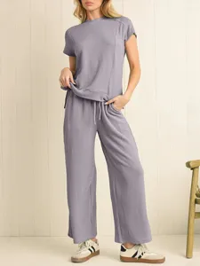 Women ribbed lounge set short sleeve top and wide leg trousers casual summer outfit.