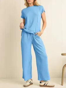 Light blue ribbed casual two-piece set, short sleeve t-shirt and high waist straight pants.
