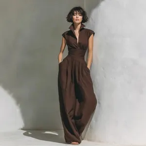 Linen Lapel Sleeveless Jumpsuit Women High Waist Wide Leg Draped Long Pants Vacation Chic