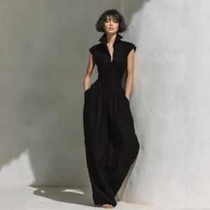 Sleeveless lapel linen jumpsuit women high waist wide leg casual solid color resort wear