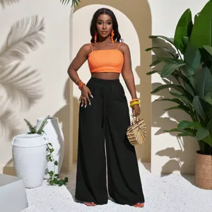 Casual solid textured wide leg pants set with cropped camisole for women beach wear