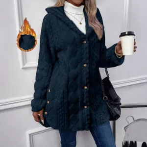 Women Solid Hooded Fleece Cardigan Long Sleeve Button Up Casual Outerwear Autumn Winter