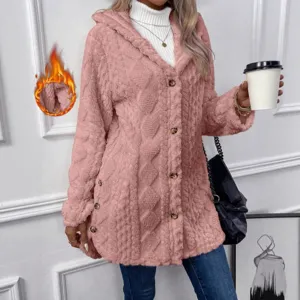 Women's Pink Hooded Fuzzy Cardigan Winter Warm Button Fleece Casual Jacket Outerwear