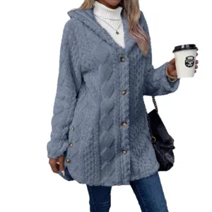 Women winter fleece hooded cardigan fuzzy sweater cable knit open front outerwear coat
