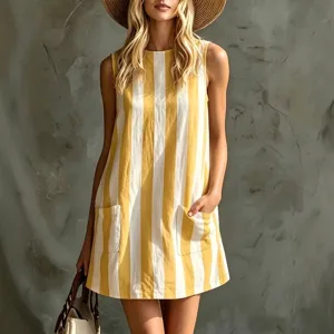 Yellow white striped sleeveless mini dress with handy front pockets for casual summer wear.