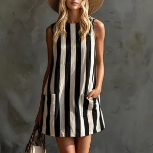 Detailed view of the black and white vertical striped linen sleeveless mini dress worn by model.