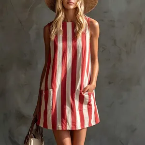 Red white striped sleeveless crew neck mini dress summer casual daily wear pocket design