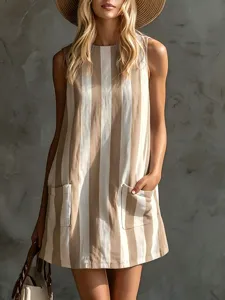 Vintage striped sleeveless crewneck linen mini dress with pockets, casual summer wear.