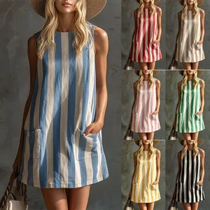 Women's Vintage Striped Sleeveless Round Neck Mini Dress Casual Polyester Knitted A-Line Summer Pocket Dress Short Skirt