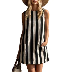 Women vintage black and white striped sleeveless crewneck casual linen mini dress with side pockets