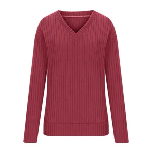 Pull côtelé à manches longues et col en V pour femme, haut élégant rouge bourgogne.