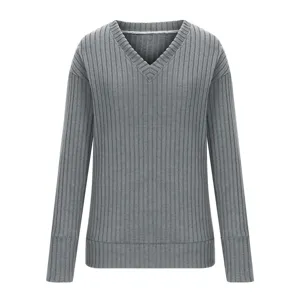 Haut en tricot côtelé gris à manches longues et col en V pour femmes, pull élégant.