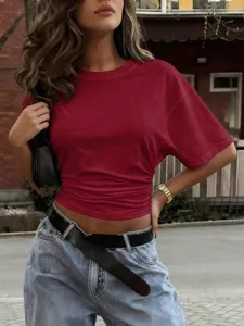 Women solid color short sleeve t shirt slim fit ruched waist casual summer top apparel