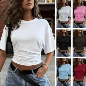 Women Casual Round Neck Ruched Short Sleeve T-Shirt Slim Fit Solid Color Summer Top Commute Style Soft Polyester Tee