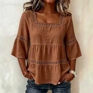 Mujer verano casual cuello cuadrado encaje mangas 3/4 lino elegante blusa marrón