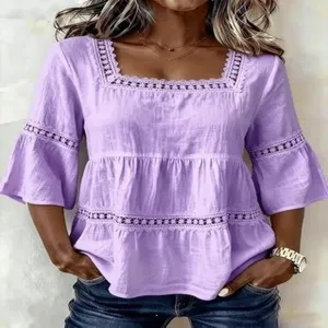 Mujer verano color solido cuello cuadrado encaje empalme casual 3/4 manga lino blusa top