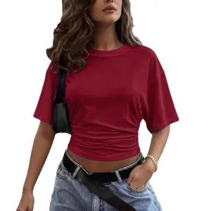 Women Summer Casual Solid Color Crew Neck Short Sleeve Ruched Waist Slim T-Shirt Main View