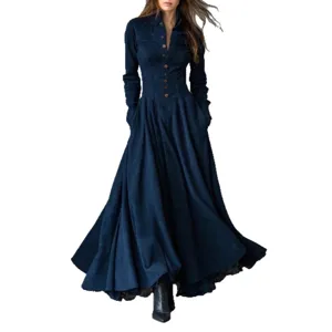 Vintage Long Sleeve Faux Suede Maxi Shirt Dress with Elegant Lace Trim for Women Main View