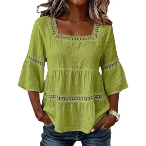 Mujer verano casual cuello cuadrado color sólido lino encaje patchwork manga tres cuartos