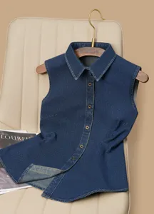 Denim sleeveless shirt vest detail, casual blue button-down collar top for women layering.