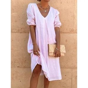 Vestido midi de lino con cuello en V de color sólido casual de mujer verano